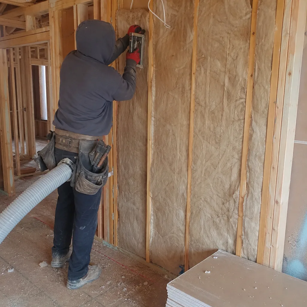Professional contractor installing blown-in wall insulation in a residential construction frame