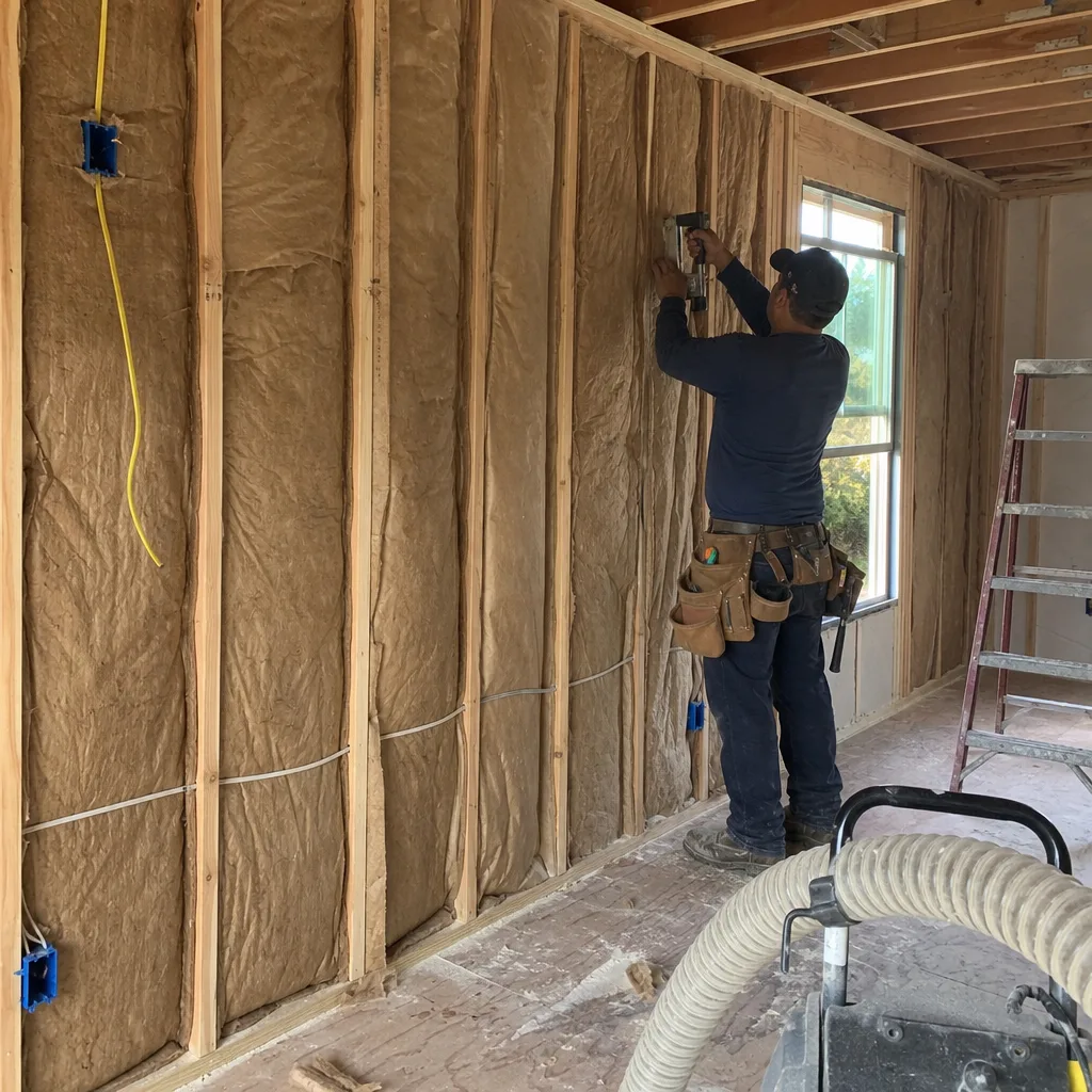 Professional installing fiberglass batt insulation between interior wall studs