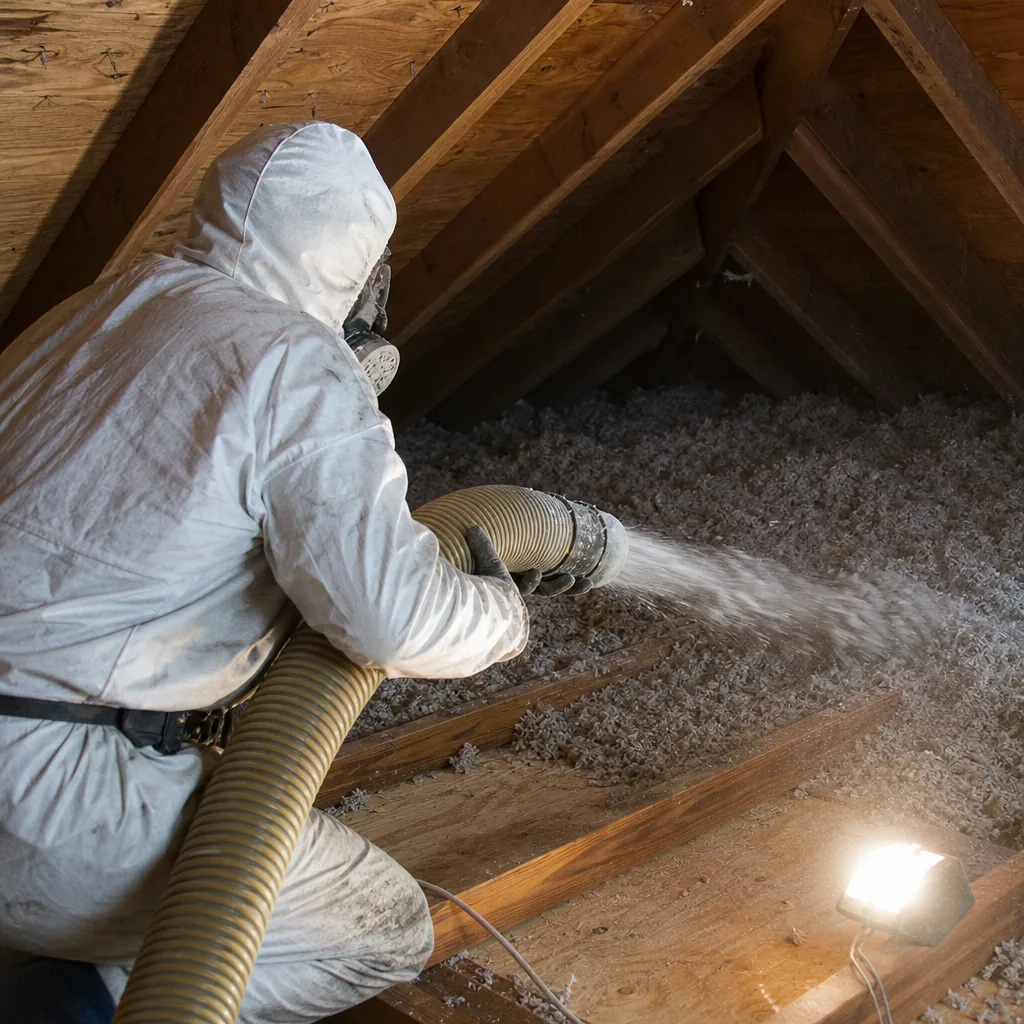 Technician in protective gear installing blown-in attic insulation