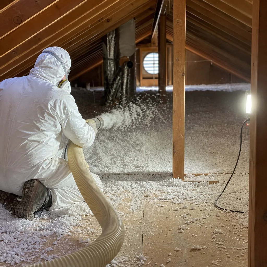 Professional blowing insulation into an unfinished attic space