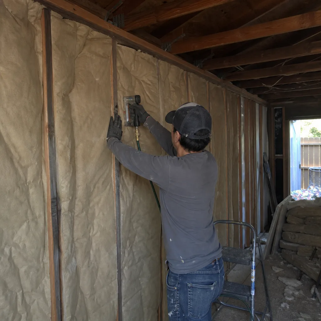 Worker installing fiberglass batt insulation in garage wall framing