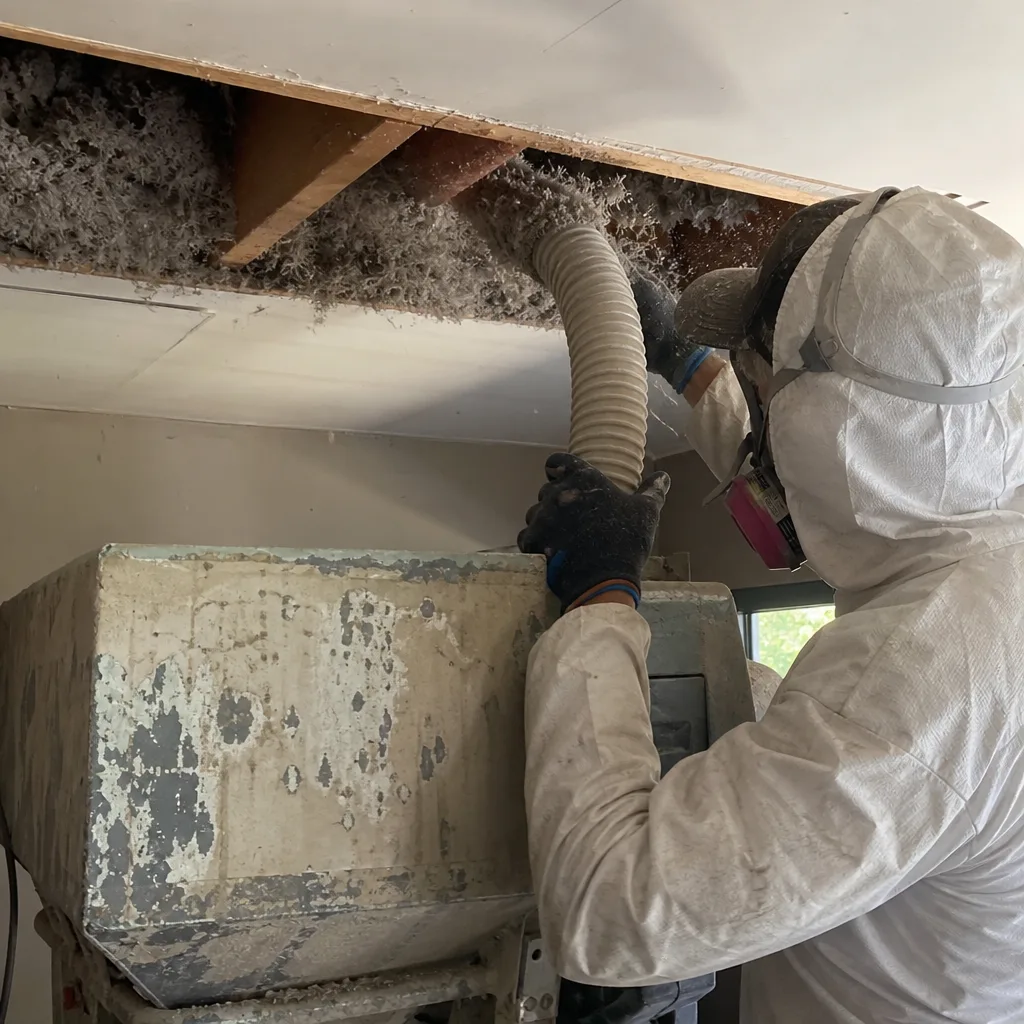 Professional technician removing attic insulation with a vacuum machine